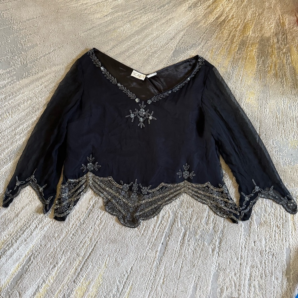 Vintage Scala Silk Black embroidered Rhinestone blouse top 2X